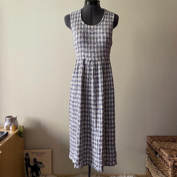 Vintage Dresses & Skirts - Vintage 80s 90s pastel blue gingham dainty floral midi maxi dress | size
